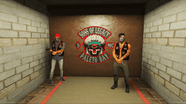 two men stand in front of a wall that says sons of legacy paleto bay mc