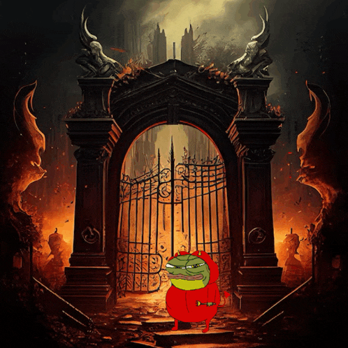 a cartoon frog is standing in front of a gate that says " hell "