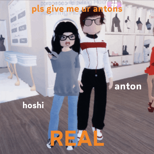 a couple of cartoon characters standing next to each other with the words " pls give me ur antons " on the bottom