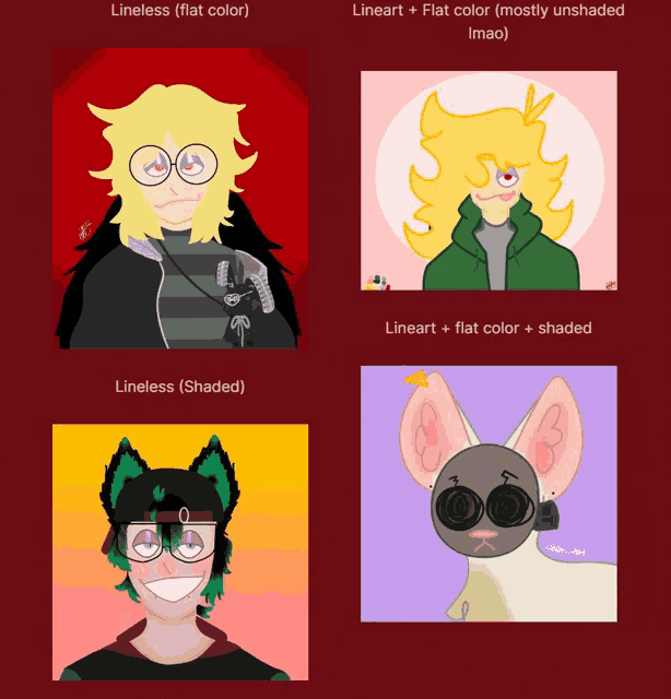 four drawings of a boy and a cat with the words lineless flat color shaded and lineart flat color shaded below them