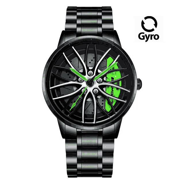 a black watch with a green rim has the word gyro on the bottom