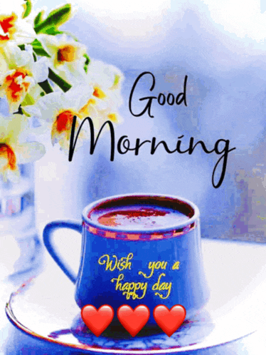 a cup of coffee on a saucer with the words good morning wish you a happy day on it