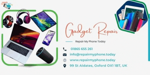 a business card for gadget repair shows a laptop headphones and a phone