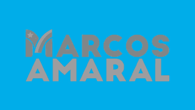 a blue background with marcos amaral written in gray