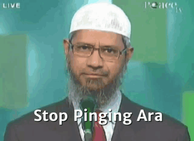 a man with a beard and glasses is talking into a microphone and says stop pinging ara