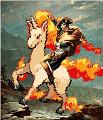 a pixel art painting of a man riding a horse that is on fire