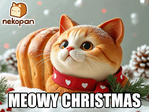 a cat shaped like a loaf of bread with the words meowy christmas on the bottom