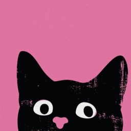 a black cat with white eyes is peeking out from behind a pink wall .