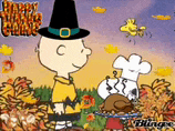 charlie brown and woodstock are standing next to a turkey in a field .