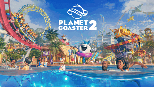 an advertisement for planet coaster 2 shows a roller coaster and water slide