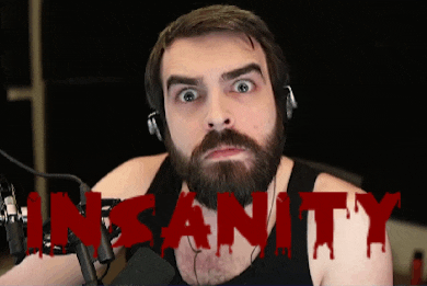 a man with a beard is wearing headphones and has the word insanity written in red