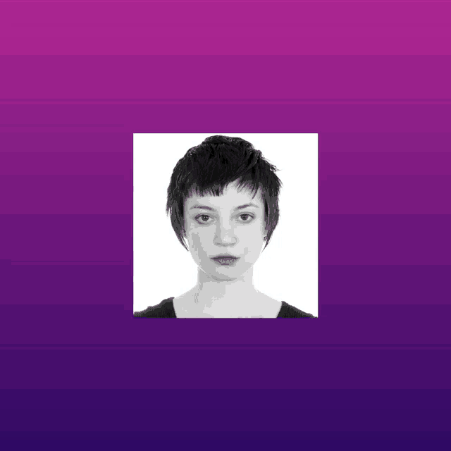 a black and white photo of a woman 's face against a purple background