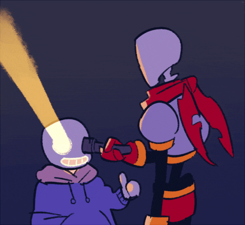 a cartoon drawing of papyrus and sans with a flashlight