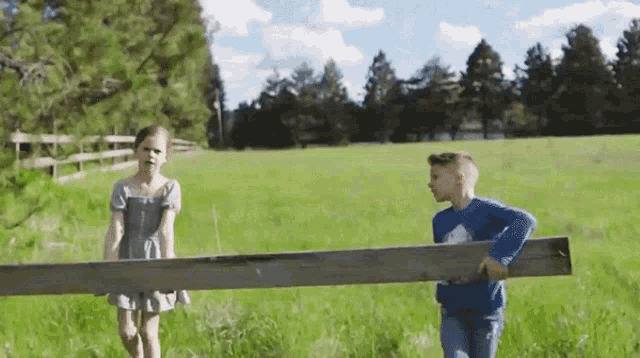 a boy and a girl are standing next to each other in a grassy field holding a wooden plank .