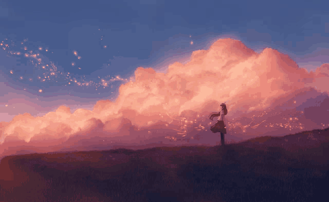 a painting of a girl standing in a field with a cloudy sky in the background