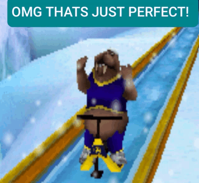 a cartoon of a walrus on a sled with the words omg thats just perfect above him