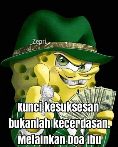 spongebob squarepants is wearing a green hat and holding a bunch of money .