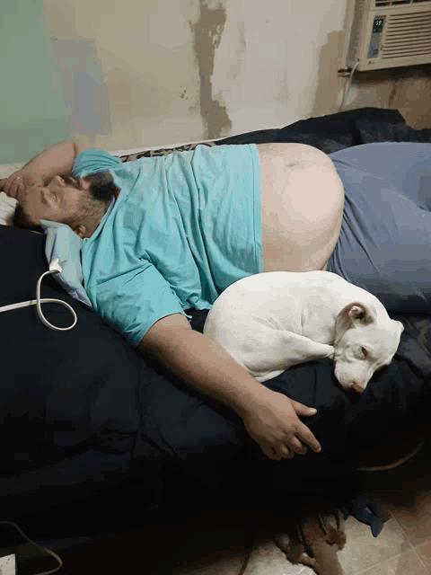 a man is laying on a bed with a white dog on top