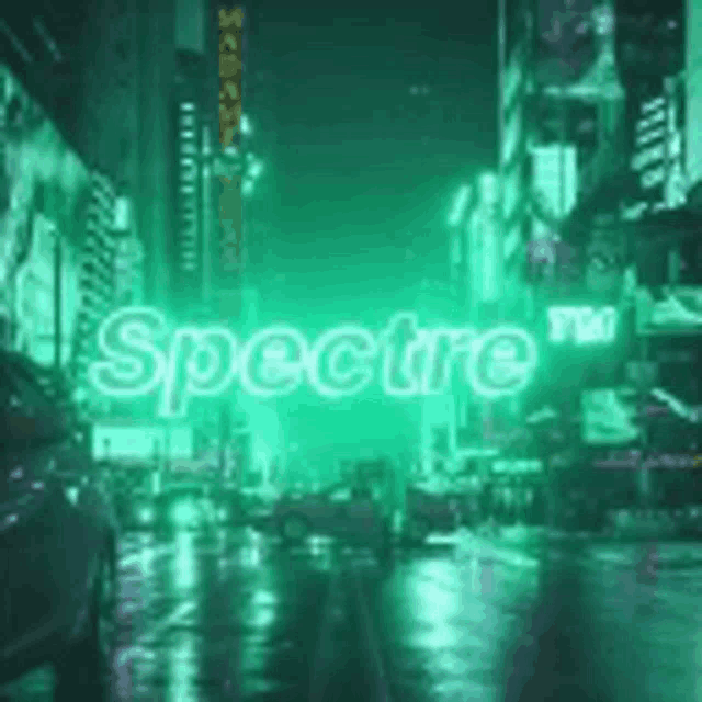 a city street at night with a neon sign that says spectre tm .