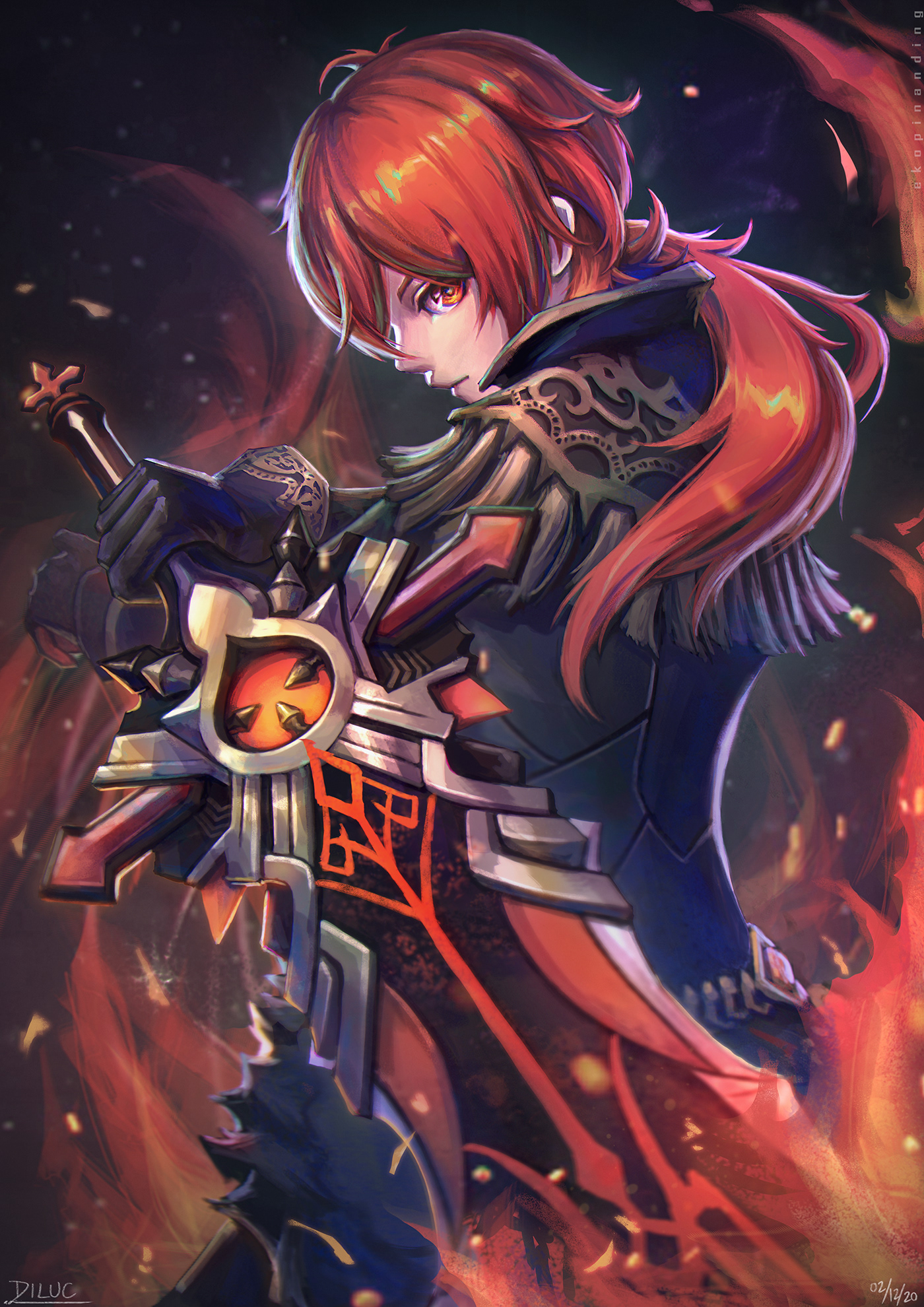 Diluc fire flame Genshin impact mihoyo print red Sword fanart