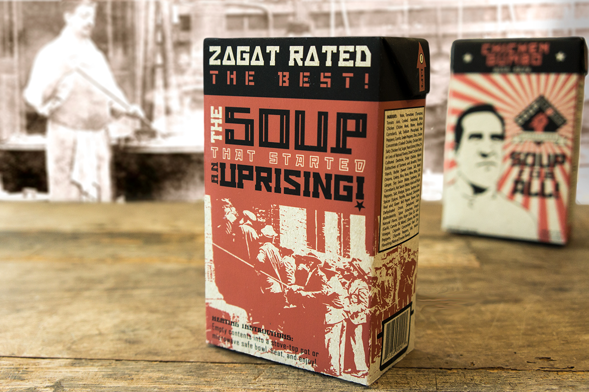 Packaging Soup kitchen Rebrand Propaganda mid century uprising logo banner constructivism