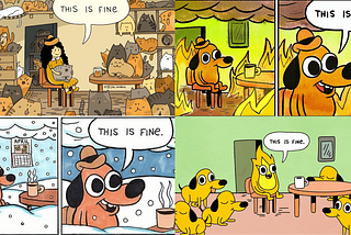 Collage of four different versions of the “This is fine” meme. The meme features a dog sitting in a burning room, saying “This is fine.”, it is often used to express a sense of resignation in the face of adversity. The different versions of the meme show the dog in different situations, such as being surrounded by cats, being in a snowstorm, and being surrounded by other dogs, in this context featuring superposition.