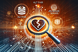 Artistic illustration depicting HL7 FHIR interoperability in healthcare, highlighting the use of JPA servers and custom search functionalities. The image features symbolic representations of data exchange, heart health, and technological integration. Created by DALL·E.