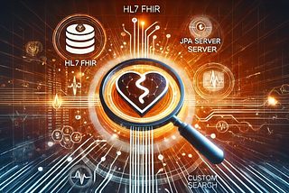 Artistic illustration depicting HL7 FHIR interoperability in healthcare, highlighting the use of JPA servers and custom search functionalities. The image features symbolic representations of data exchange, heart health, and technological integration. Created by DALL·E.