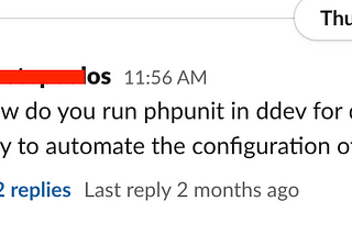 Message from Slack that talks about running PHPUnit tests.