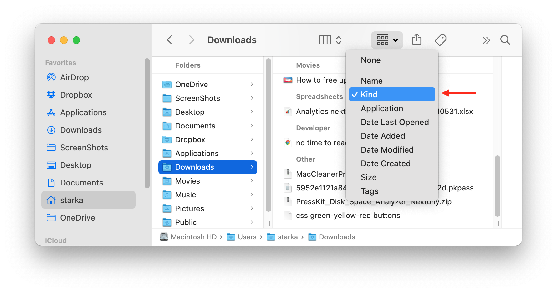 Sorting files in Downloads by kind