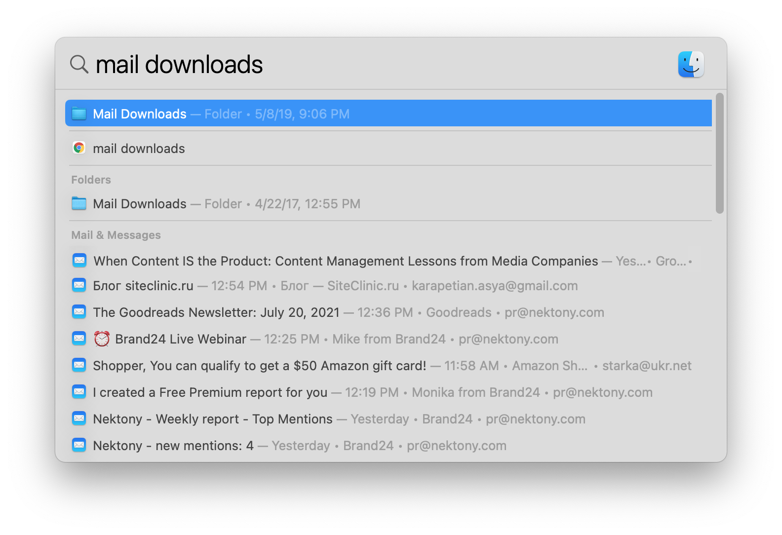 Searhing for mail downloads in Spotlight
