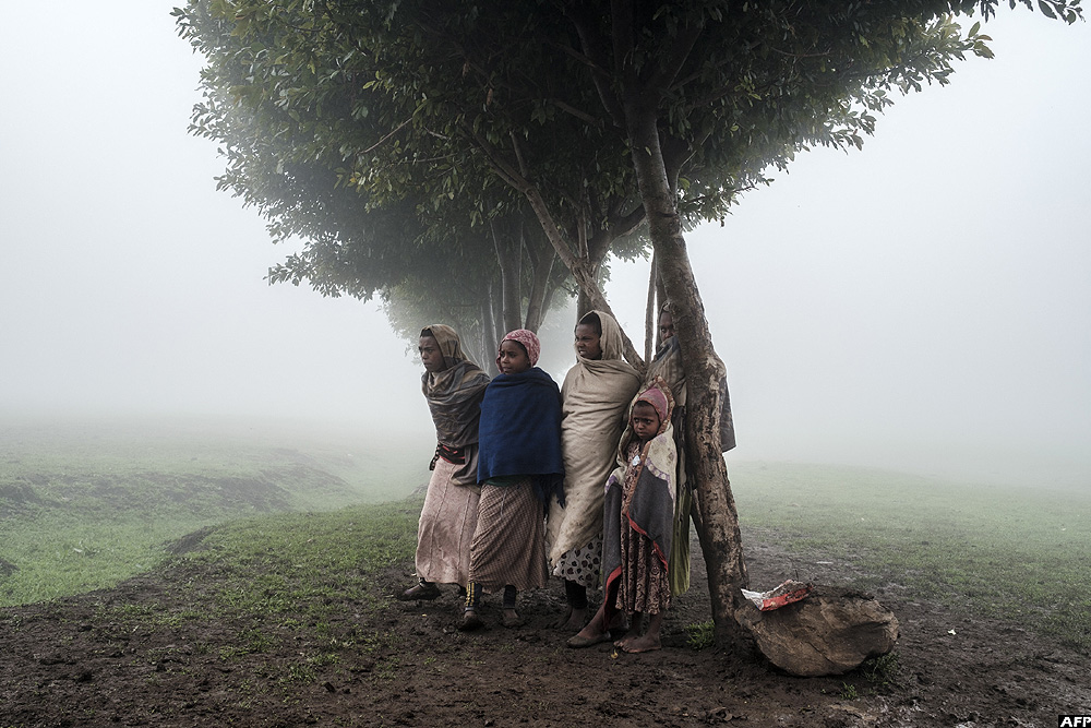 Children stand under a tree on the site of a future camp for Eritrean refugees, in a rural area near the village of Dabat, 70 kilometres northeast from the city of Gondar, Ethiopia on July 13, 2021