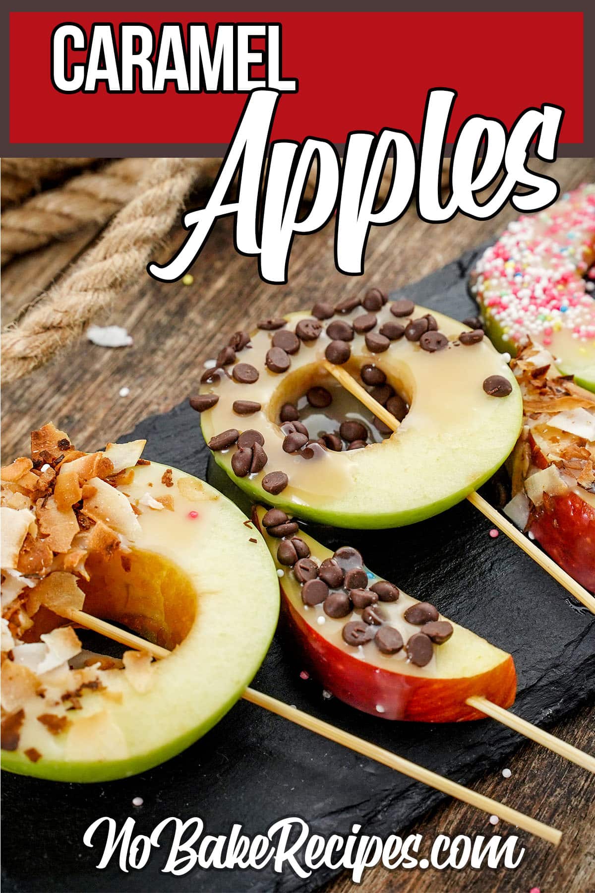 sliced apples with caramel and sprinkled treats on them on a plate with text which reads caramel apples