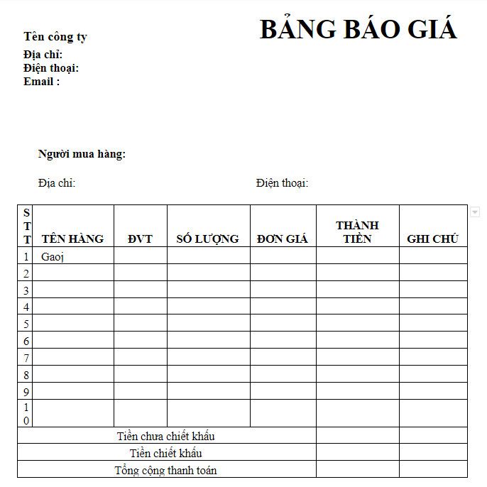 Download mẫu báo giá miễn phí, chuyên nghiệp trên Excel