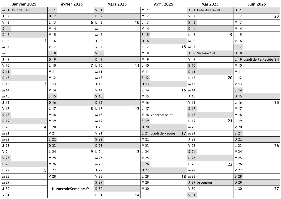 Calendrier 2025 avec jours fériés en France et numéro des semaines ...