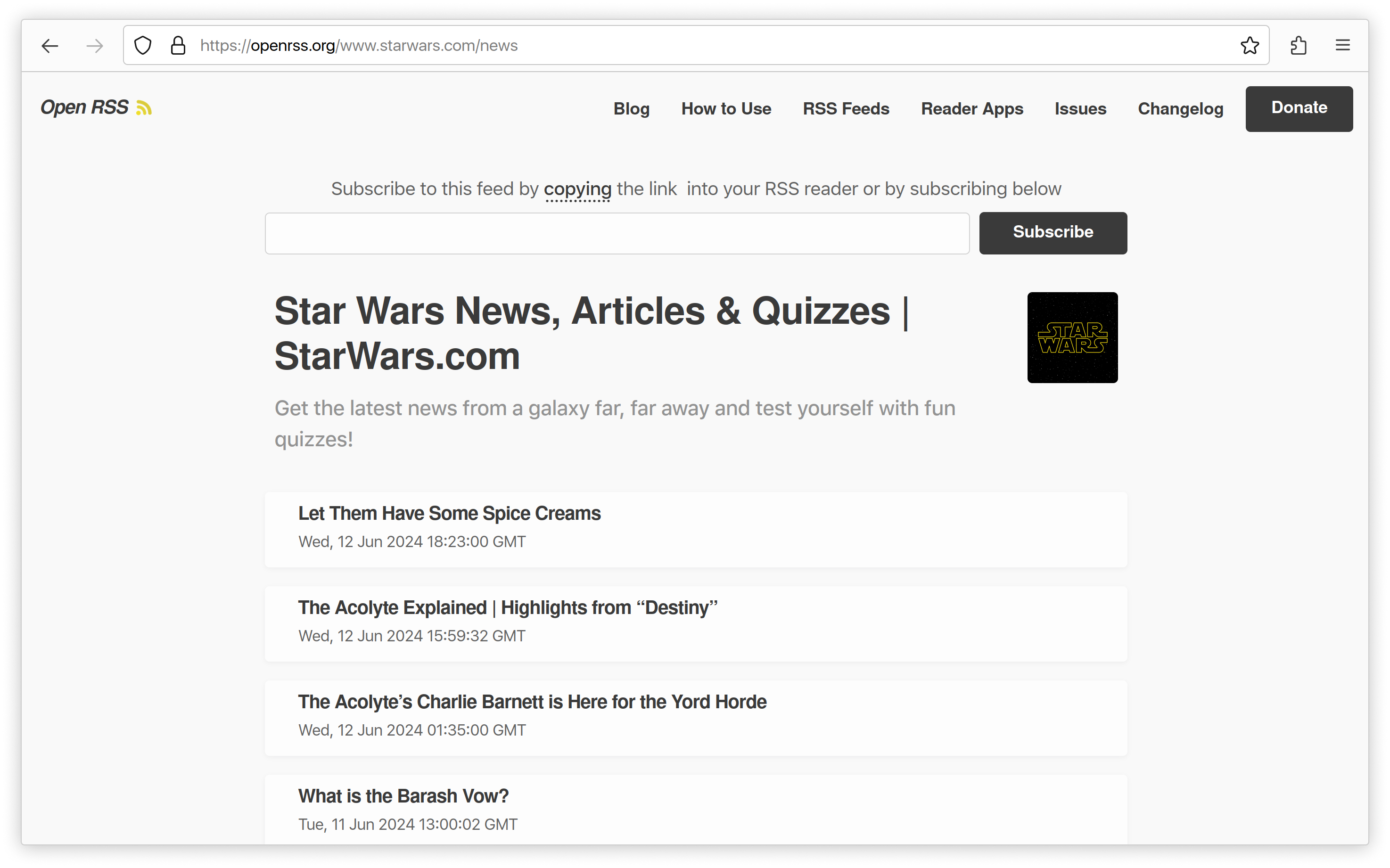 An image showing the preview page for the Open RSS feed for the Star Wars News website with the RSS reader dropdown, next to a button to subscribe to the RSS feed