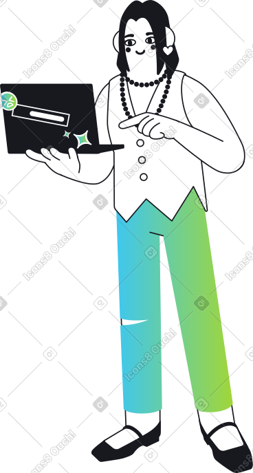 Woman holding laptop and pointing at it PNG, SVG