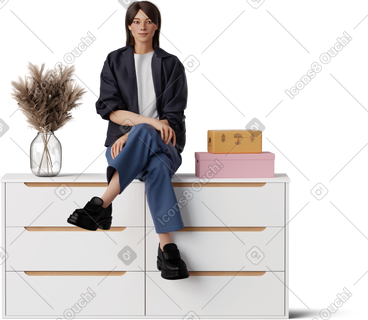 Jeune femme assise sur une commode PNG, SVG