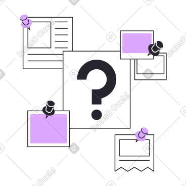 Sheet with big question mark with papers and photos around PNG, SVG