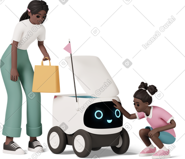 Two girls with delivery robot в PNG, SVG