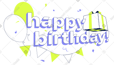 Happy birthday with balloons, gift box and birthday garland  PNG, SVG