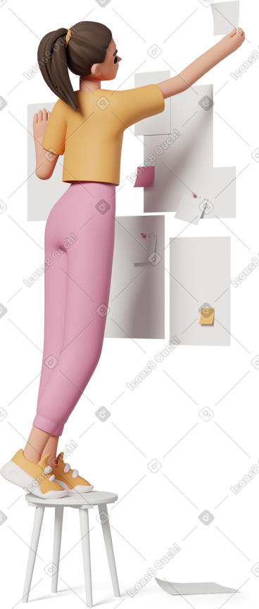 Jeune femme collant des notes sur le mur PNG, SVG