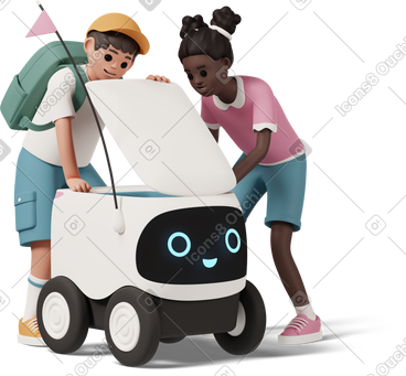 Delivery robot with boy and girl в PNG, SVG