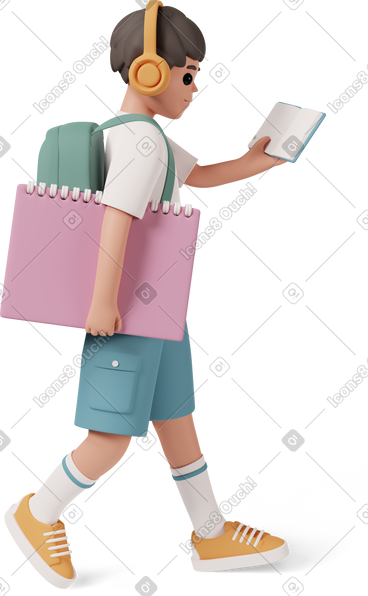 School boy reading book with headphones on PNG、SVG