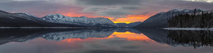 日没、風光明媚な、風景、アプガー山脈、Lake McDonald、反射、カラフル、雲、氷河国立公園、モンタナ、米国