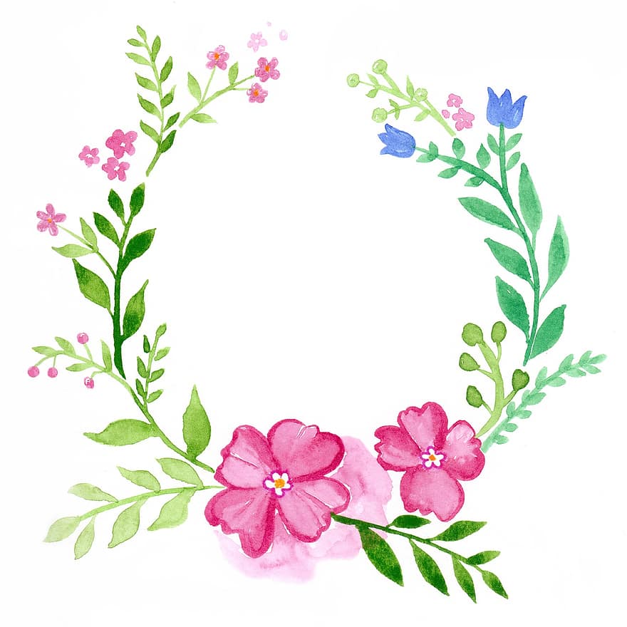 corona, floreale, acquerello, biglietto d'auguri, disegno floreale, colorato, verde, rosa, blu, fiori, le foglie