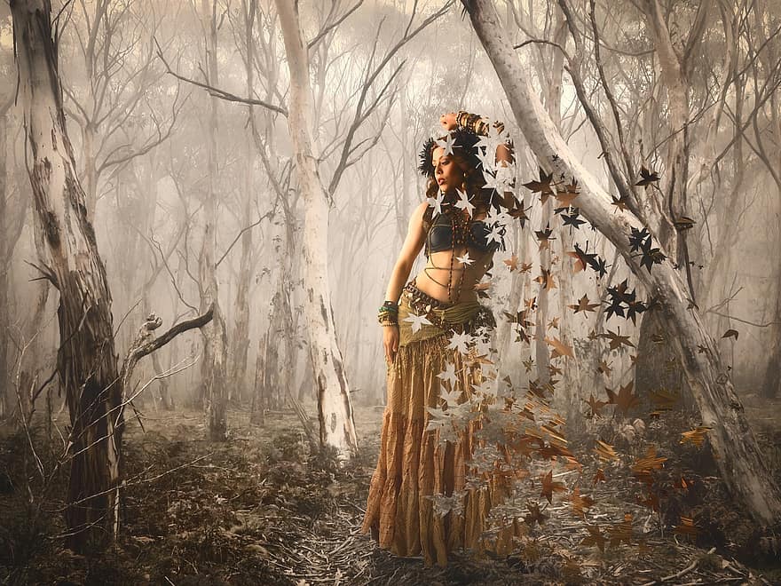 forest of dreams, forest, woman, autumn, leaves, composing, nature, mysterious, fantasy