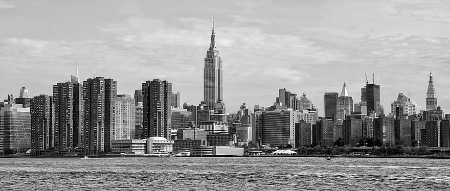 gratte ciel, ville, architecture, l'horizon, panoramique, la ville de New York, New York, Manhattan, rivière, Dock, paysage urbain