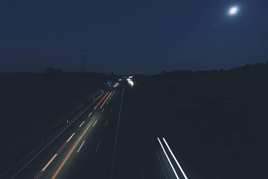 highway, light, trace, lights, traffic, night, road, spotlight, long exposure, taillights, speed