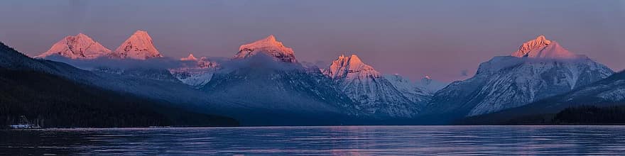 Lake McDonald、日没、イブニング、夕暮れ、トワイライト、風景、風光明媚な、山岳、スカイライン、ピーク、反射